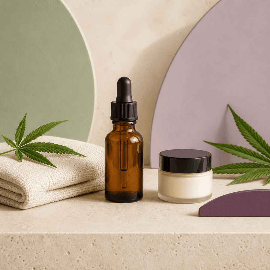 Frasco ámbar con cuentagotas y tarro de crema con tapa negra, junto a una toalla doblada y hojas de cannabis. Frasco ámbar con cuentagotas y tarro de crema con tapa negra, junto a una toalla doblada y hojas de cannabis.