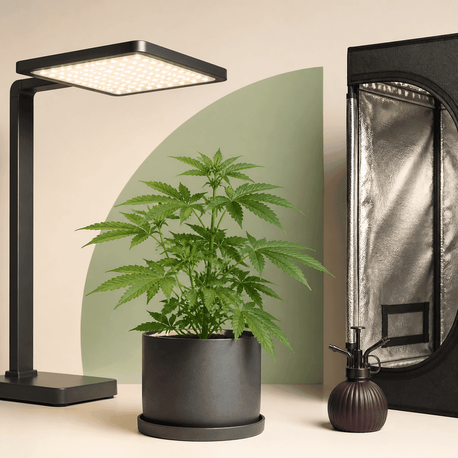 Planta de cannabis en maceta bajo un panel de luces encendido, junto a un armario de cultivo abierto y un pulverizador. Planta de cannabis en maceta bajo un panel de luces encendido, junto a un armario de cultivo abierto y un pulverizador.