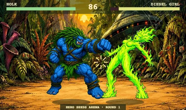 Captura real de un combate de Hero Seeds Arena: Holk contra Diesel Girl