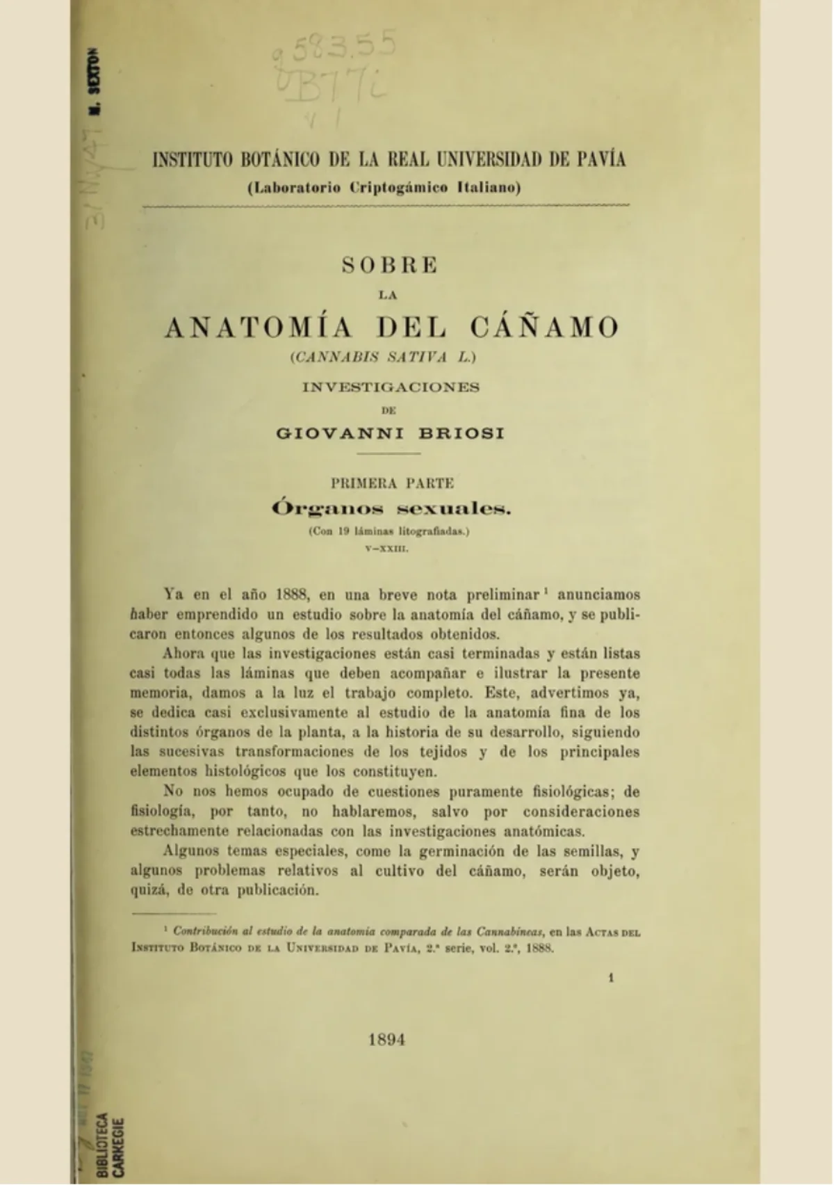 Portada original de Sobre la anatomía del cáñamo, de Giovanni Briosi, 1894