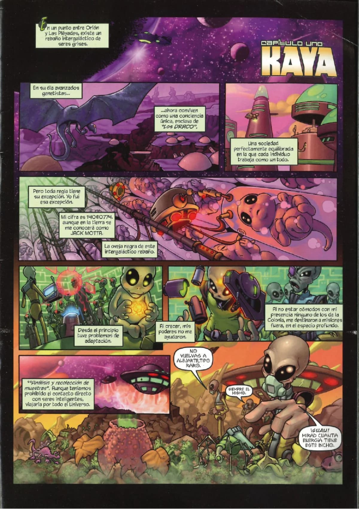 Página del cómic Hero Seeds nº 1, capítulo Kaya, con viñetas de ciencia ficción