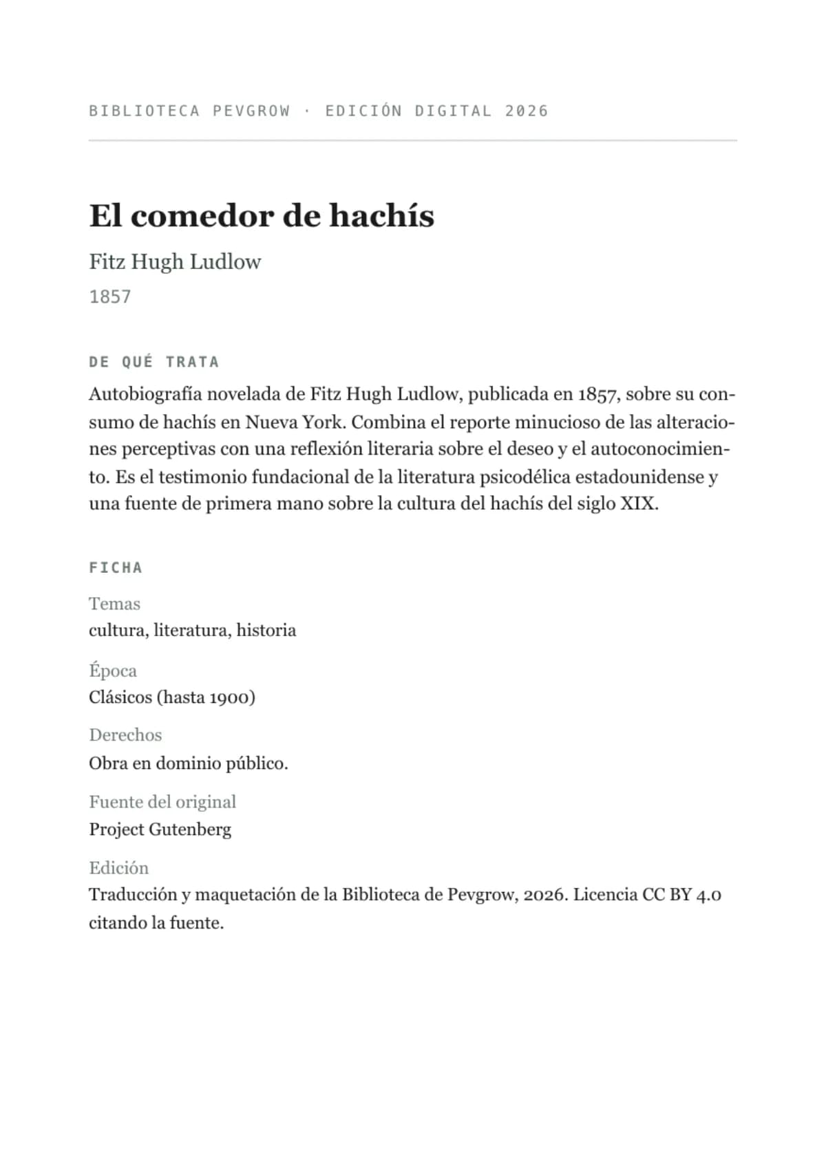 Página de título de El comedor de hachís, de Fitz Hugh Ludlow, 1857