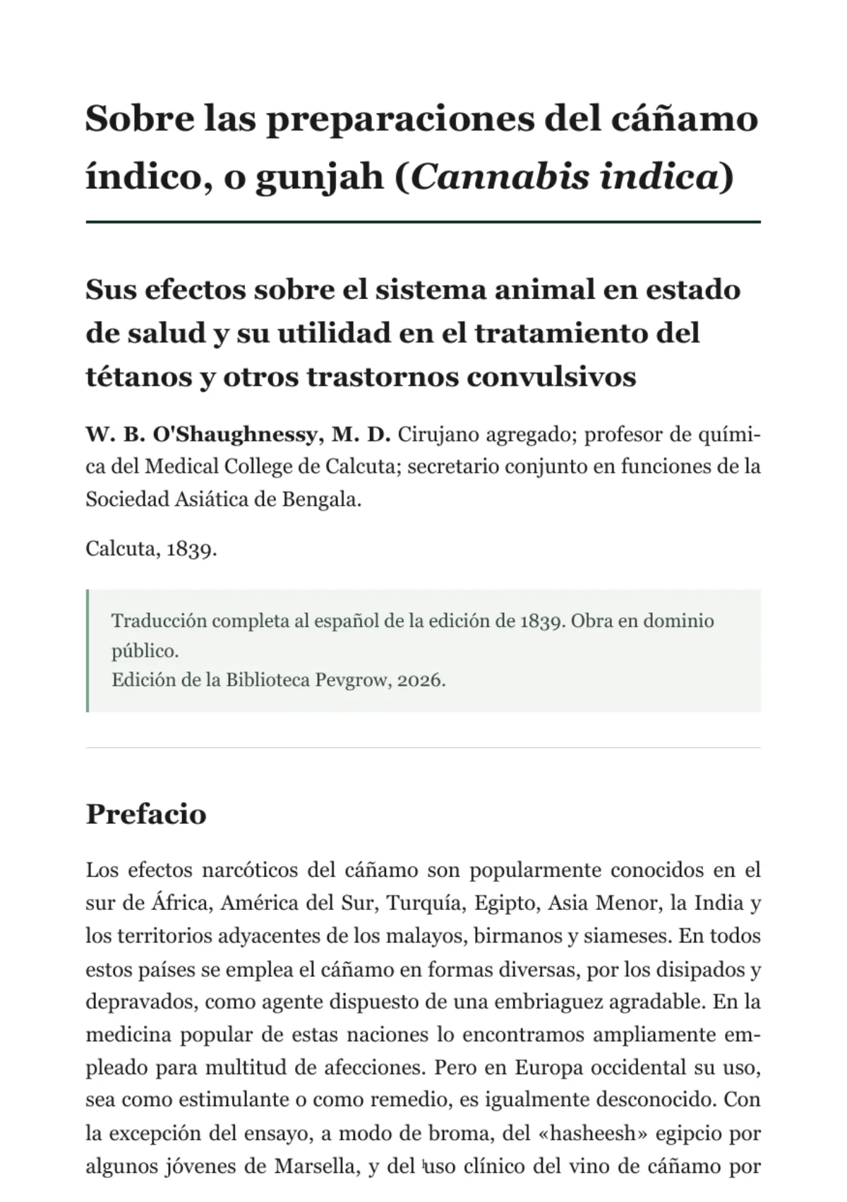 Página de título y prefacio de Sobre las preparaciones del cáñamo índico, 1839