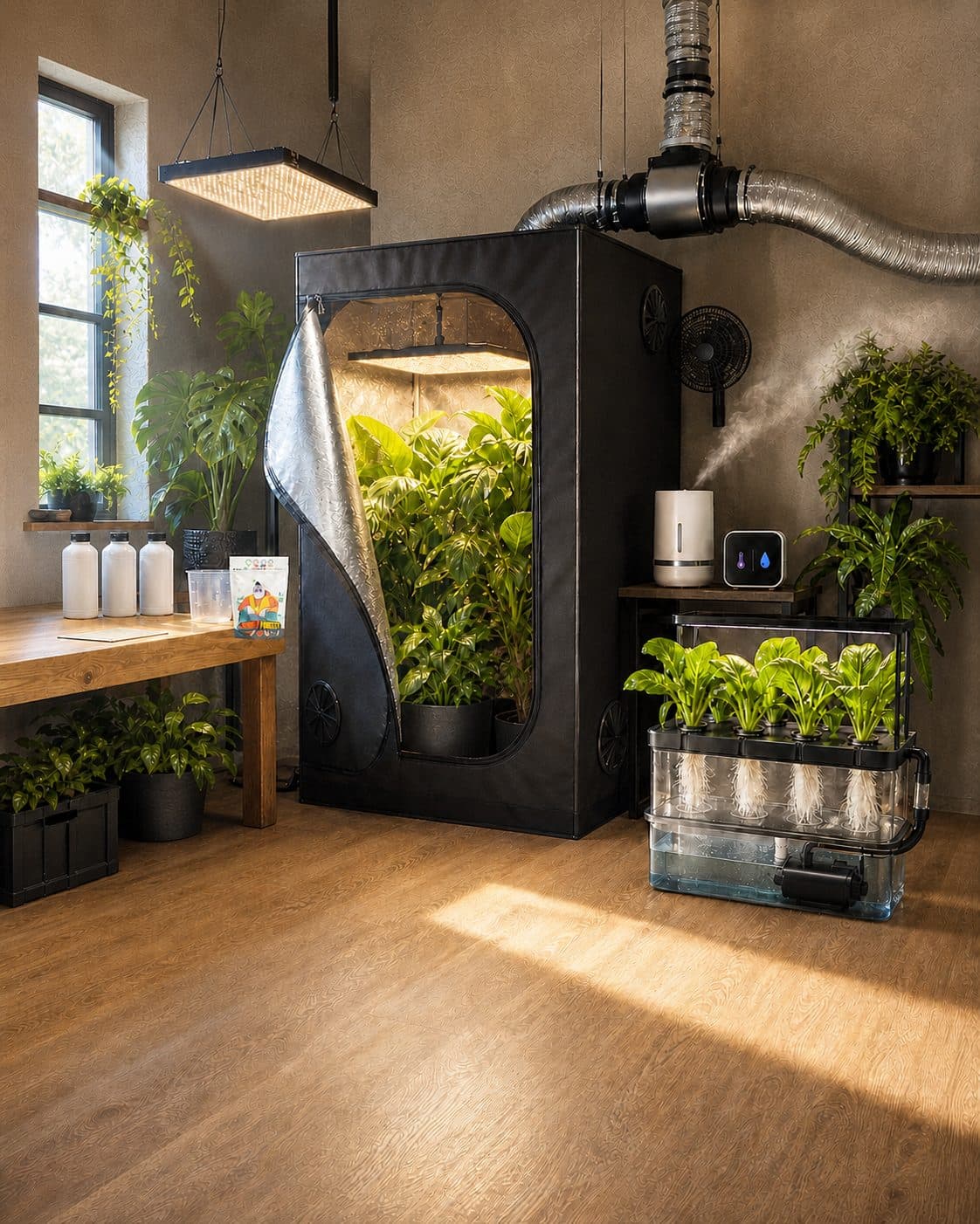 Armario de cultivo abierto con plantas, luces y conductos de ventilación, junto a un humidificador y un sistema de cultivo con depósito. Armario de cultivo abierto con plantas, luces y conductos de ventilación, junto a un humidificador y un sistema de cultivo con depósito.