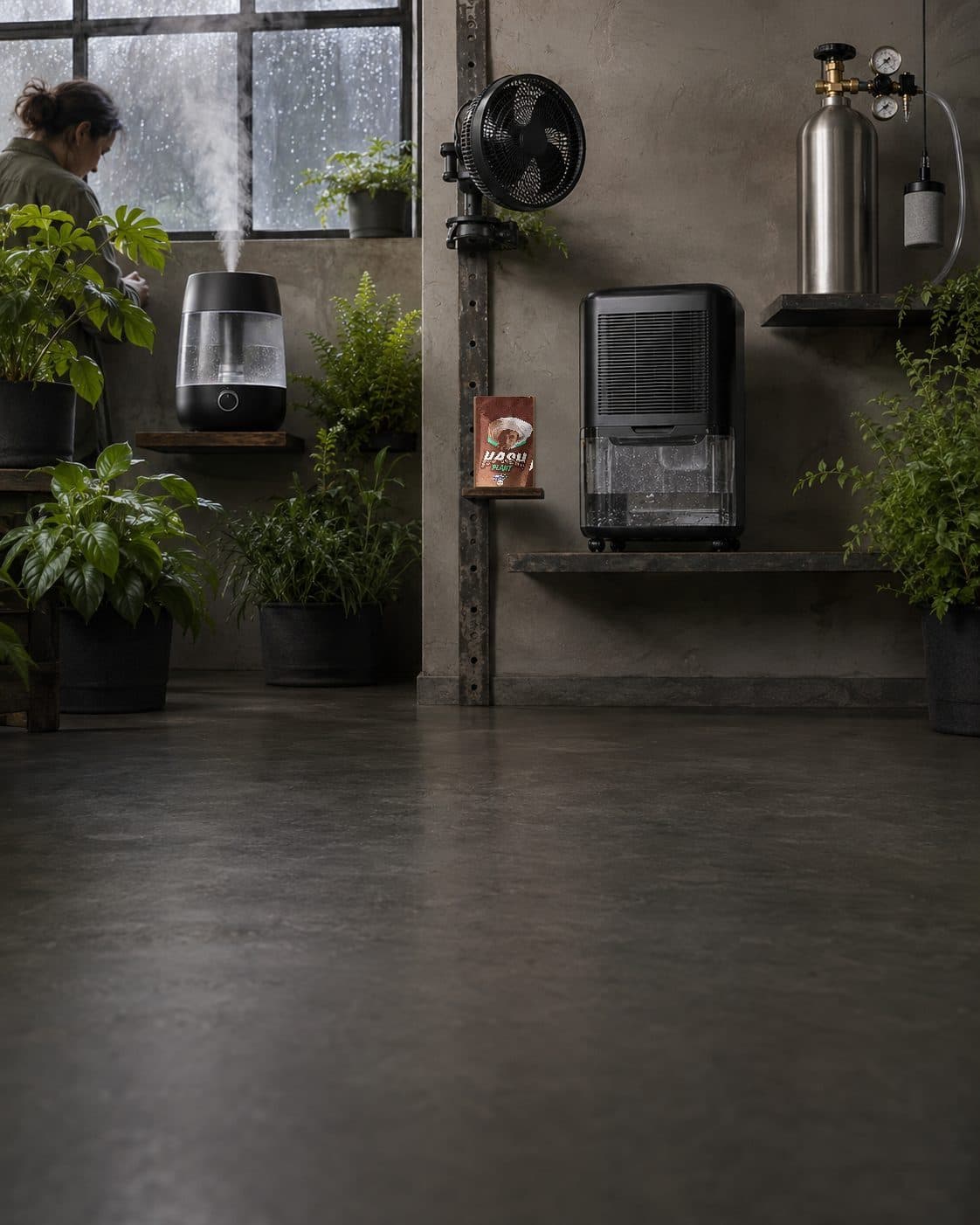 Humidificador con vapor visible, ventilador, deshumidificador y bombona con manómetros en una sala con plantas. Humidificador con vapor visible, ventilador, deshumidificador y bombona con manómetros en una sala con plantas.
