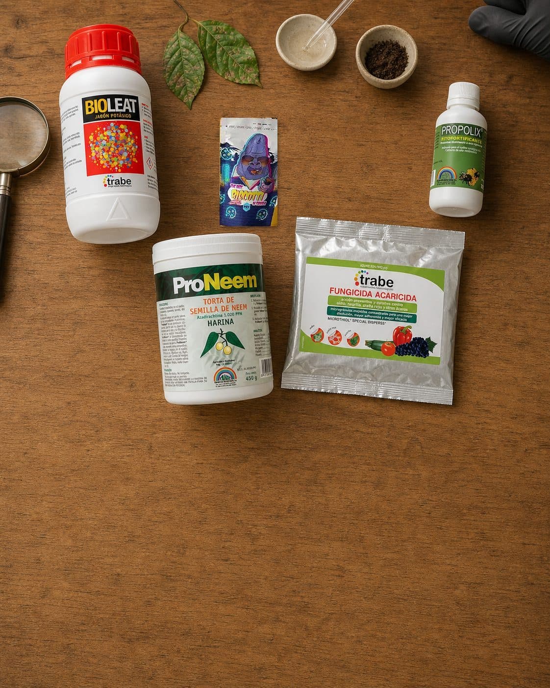 Productos Trabe Bioleat, ProNeem, Propolix y un sobre rotulado «Fungicida acaricida» junto a hojas con manchas y pequeños cuencos. Productos Trabe Bioleat, ProNeem, Propolix y un sobre rotulado «Fungicida acaricida» junto a hojas con manchas y pequeños cuencos.