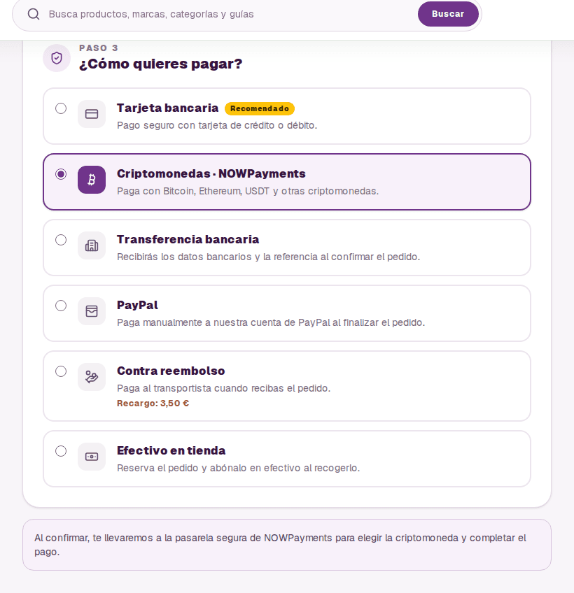 Selector de métodos de pago con «Criptomonedas · NOWPayments» marcado y aviso de redirección a la pasarela al confirmar.