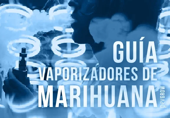 Persona usando un vaporizador junto al texto Guía vaporizadores de marihuana