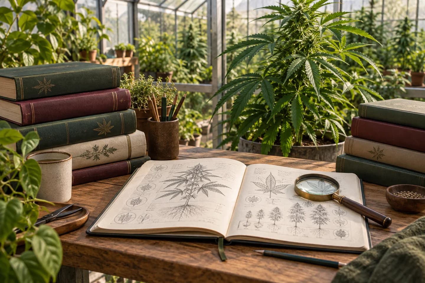 Libros de horticultura y un cuaderno botánico junto a una planta de cannabis en un invernadero