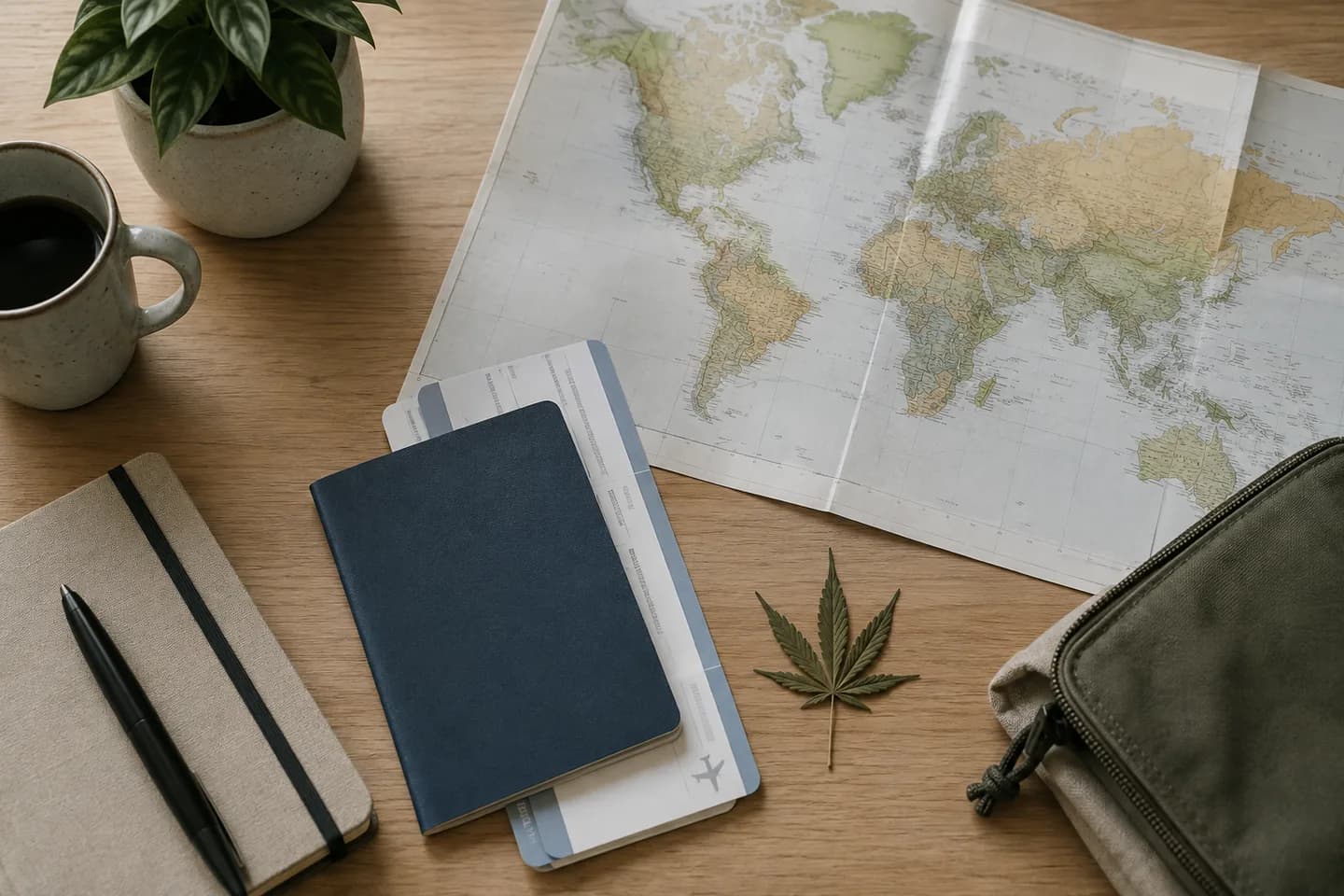 Pasaporte genérico, mapa y hoja de cannabis sobre una mesa de planificación de viaje