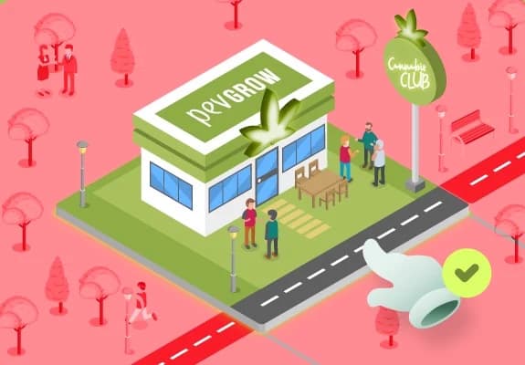 Ilustración de un club de cannabis Pevgrow junto a una calle