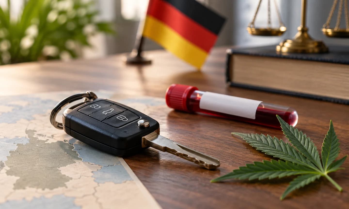 Llaves de coche, tubo de muestra cerrado y hoja de cannabis sobre una mesa, con bandera alemana al fondo.