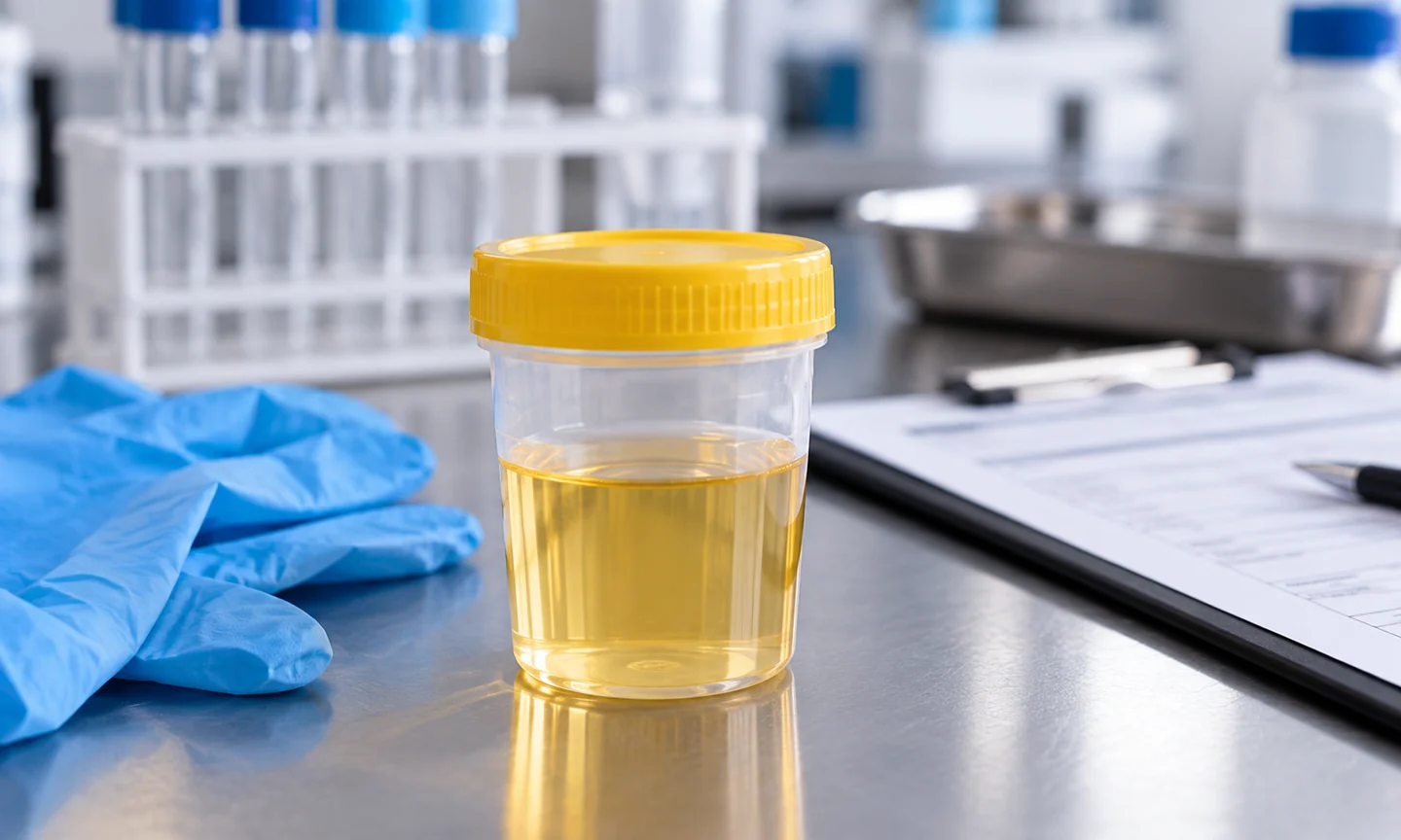 Recipiente cerrado con líquido amarillo junto a guantes azules y documentos en una mesa de laboratorio.
