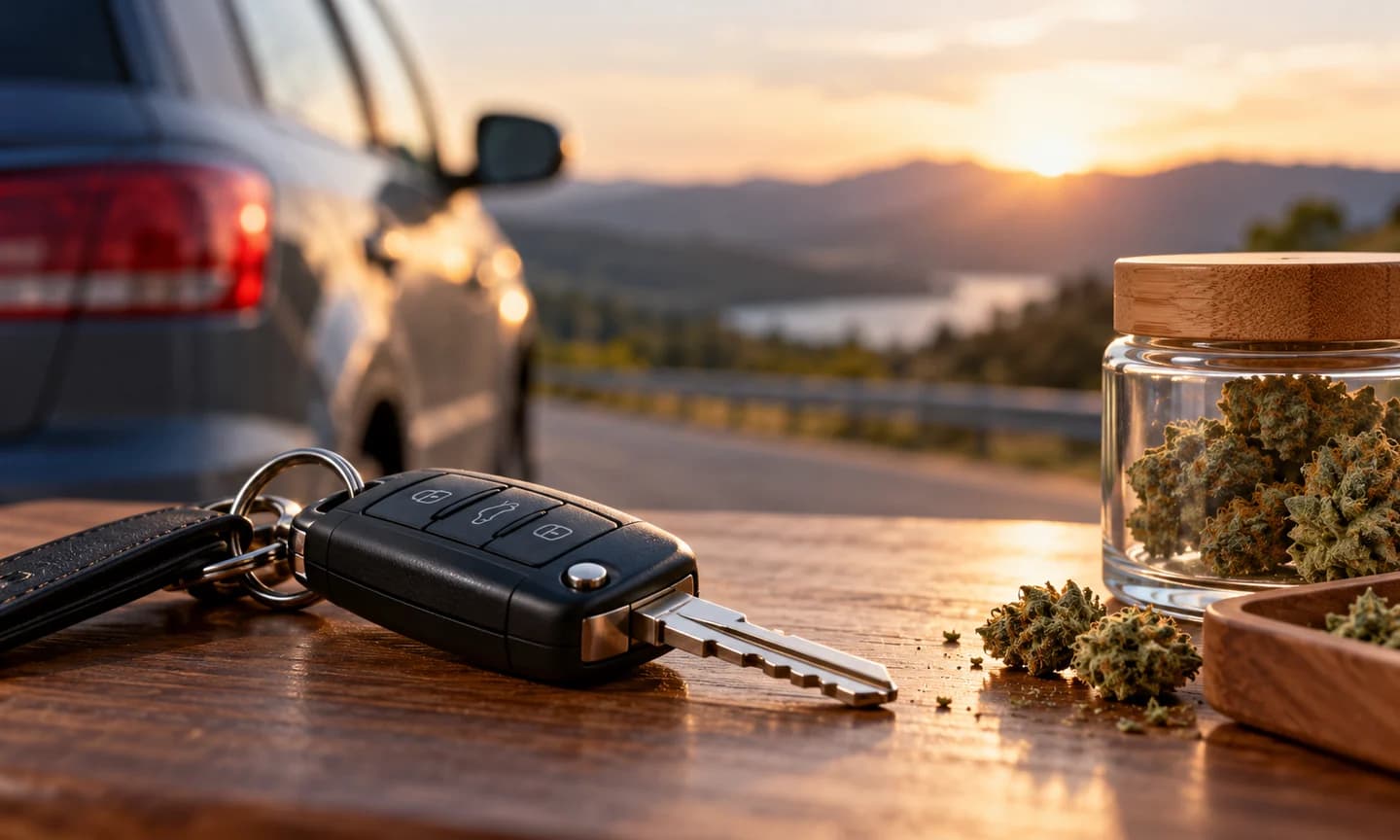 Llaves de coche sobre una mesa con un recipiente de flores, frente a un vehículo estacionado al atardecer.