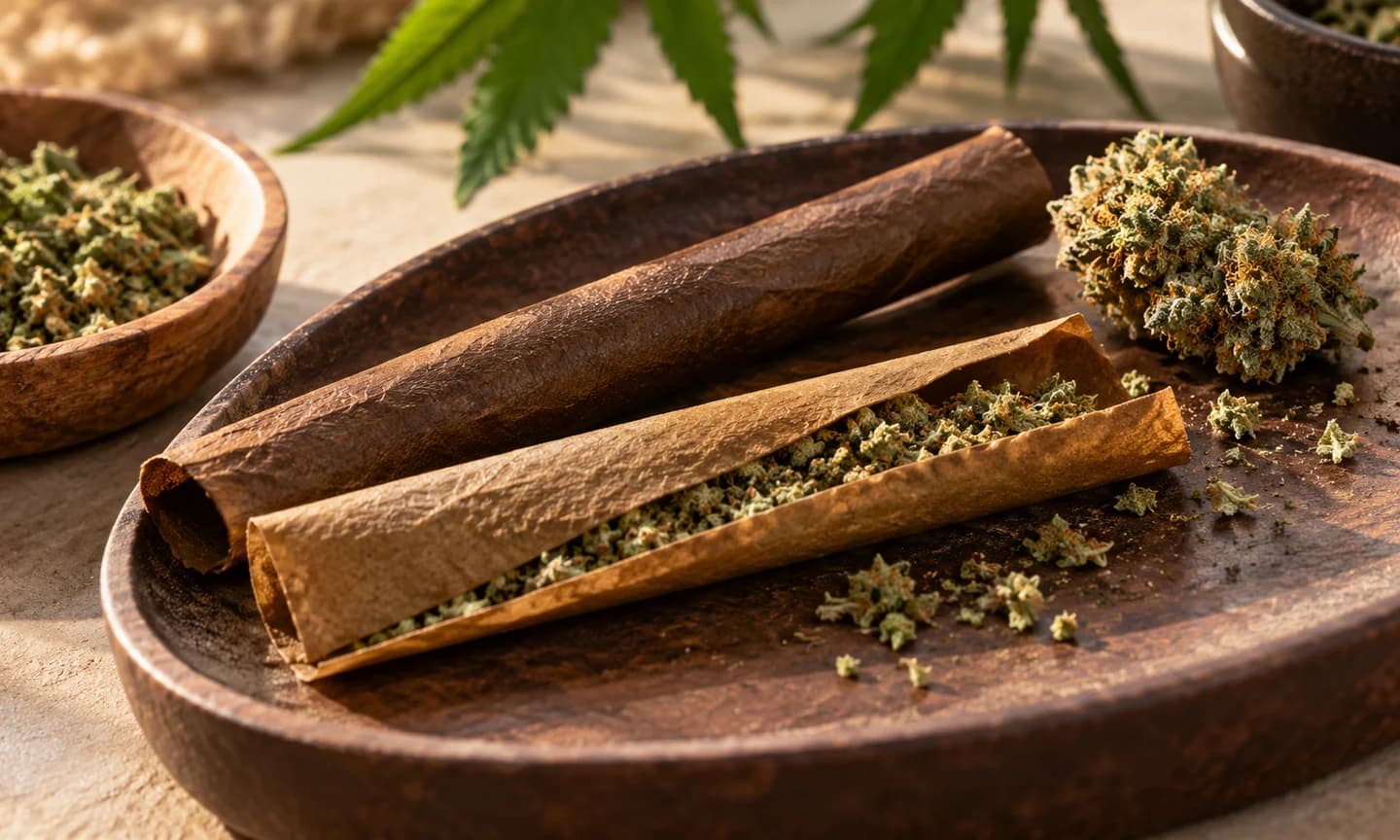 Wraps vegetales marrones, uno abierto y otro enrollado, junto a una pequeña muestra de cannabis en una bandeja.