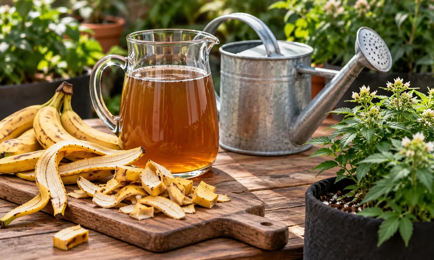 Cáscaras de plátano junto a una jarra de infusión ámbar y una regadera, con plantas al fondo.