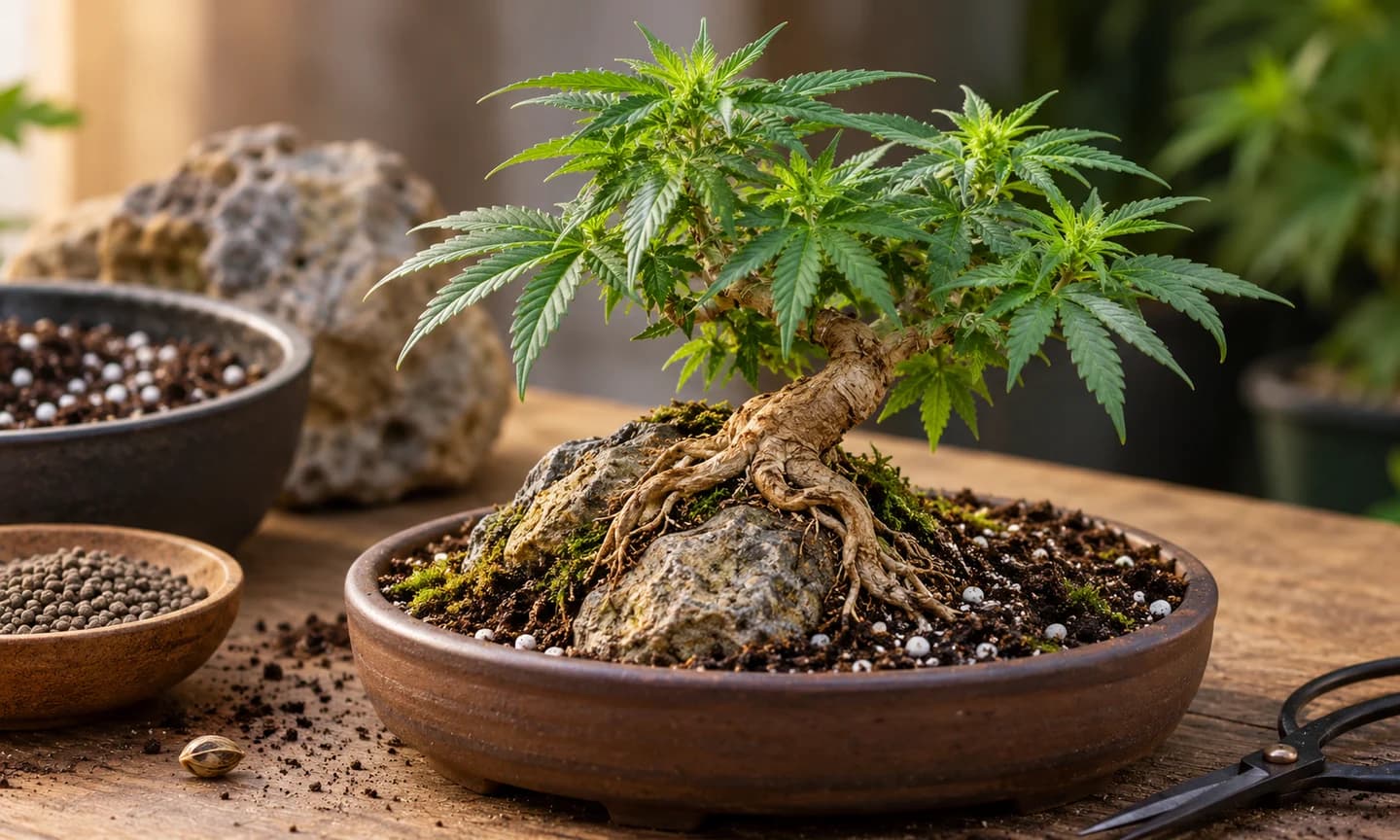 Pequeño bonsái de cannabis con raíces visibles sobre una piedra, plantado en un recipiente bajo.