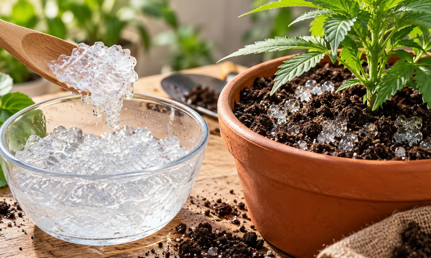 Cuenco de hidrogel transparente con una paleta, junto a una planta joven en maceta de tierra.