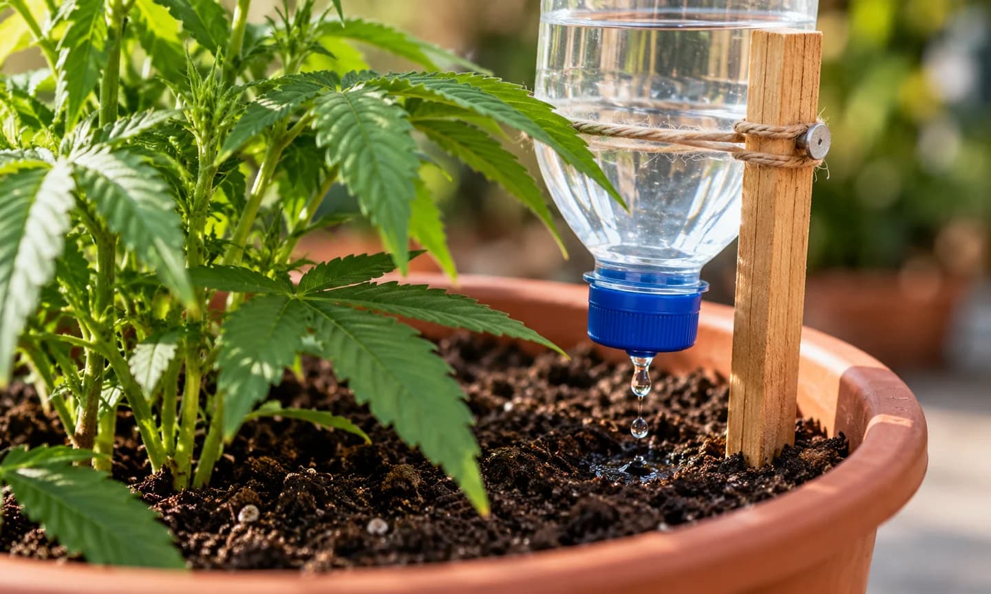 Botella invertida sujeta a un soporte de madera junto a una planta de cannabis, con una gota sobre la tierra.