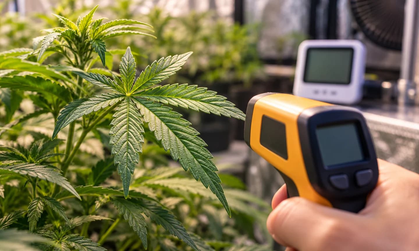 Un termómetro infrarrojo apunta a una hoja de cannabis, con un medidor ambiental desenfocado al fondo.