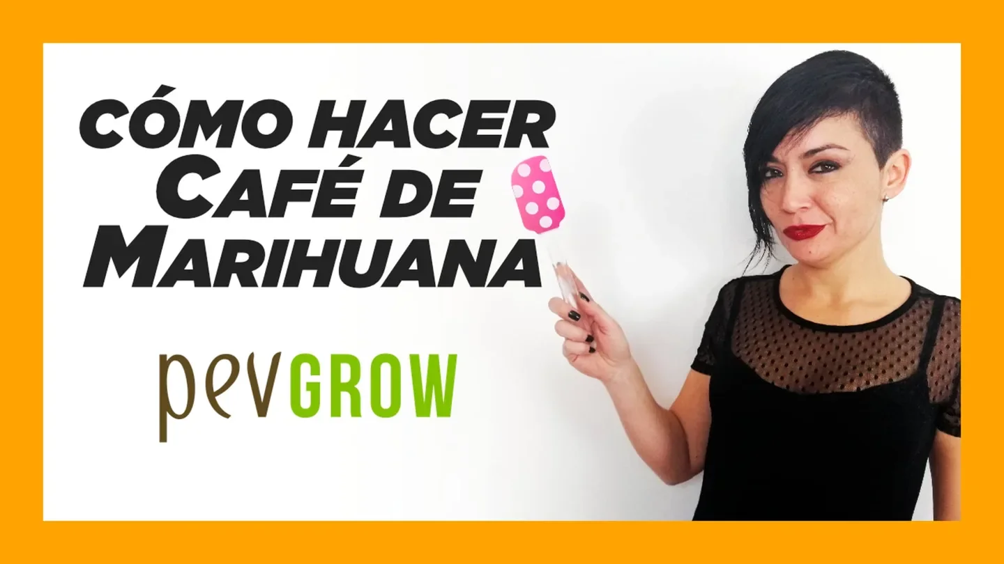 Alexia junto al título Cómo hacer café de marihuana y el logotipo de Pevgrow en la carátula oficial.