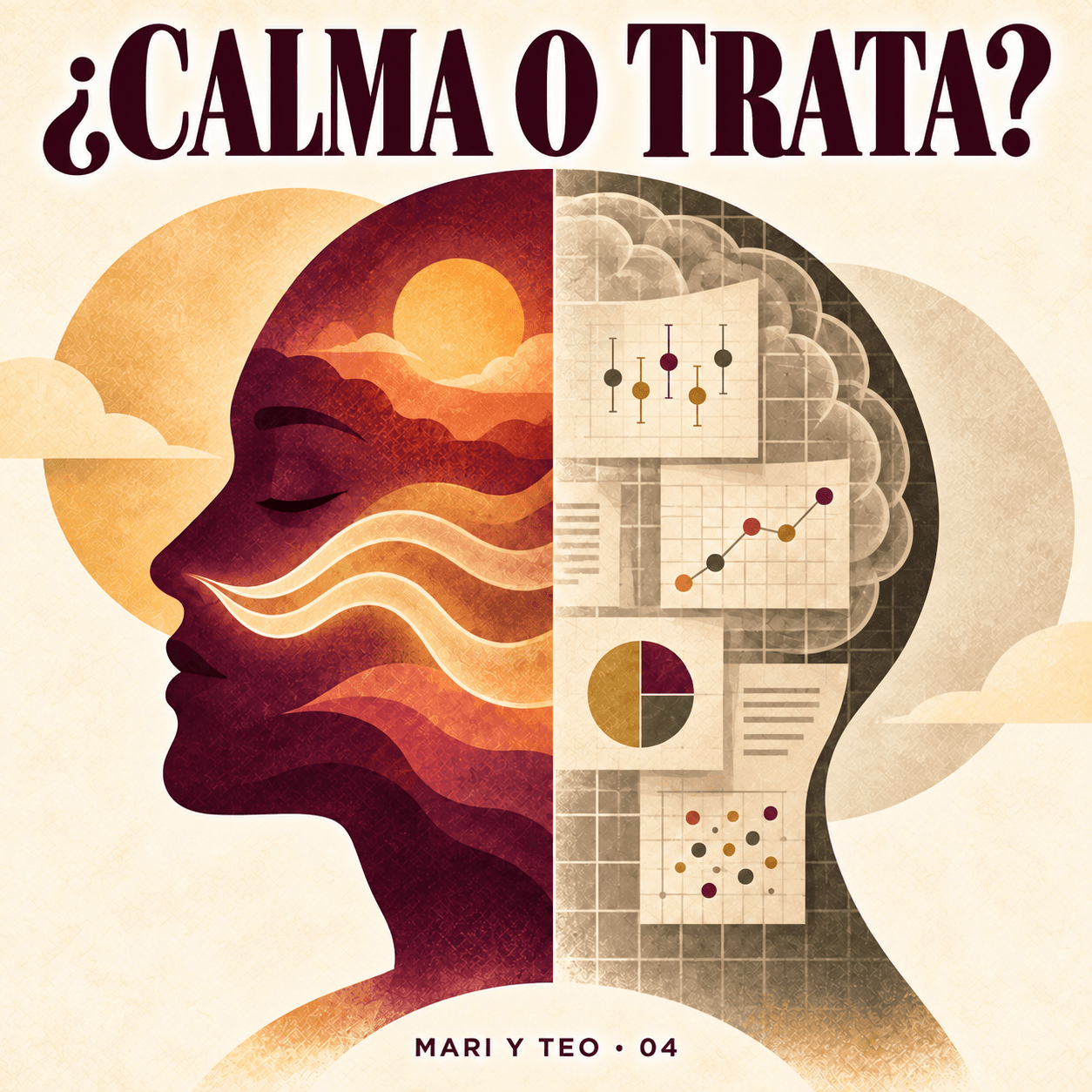 Portada de Mari y Teo 04: «¿Calma o trata?», con un perfil humano dividido entre un paisaje cálido y gráficos sobre una cuadrícula.