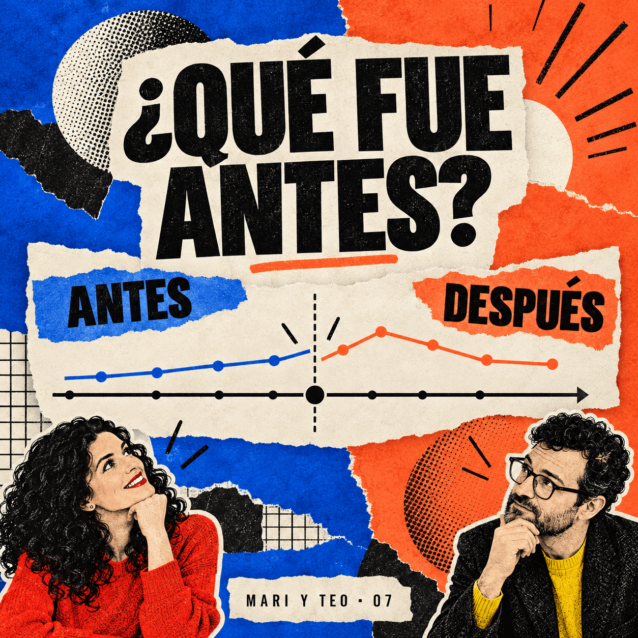 Portada de Mari y Teo 07: «¿Qué fue antes?», con un gráfico dividido en antes y después y dos personas en actitud pensativa.