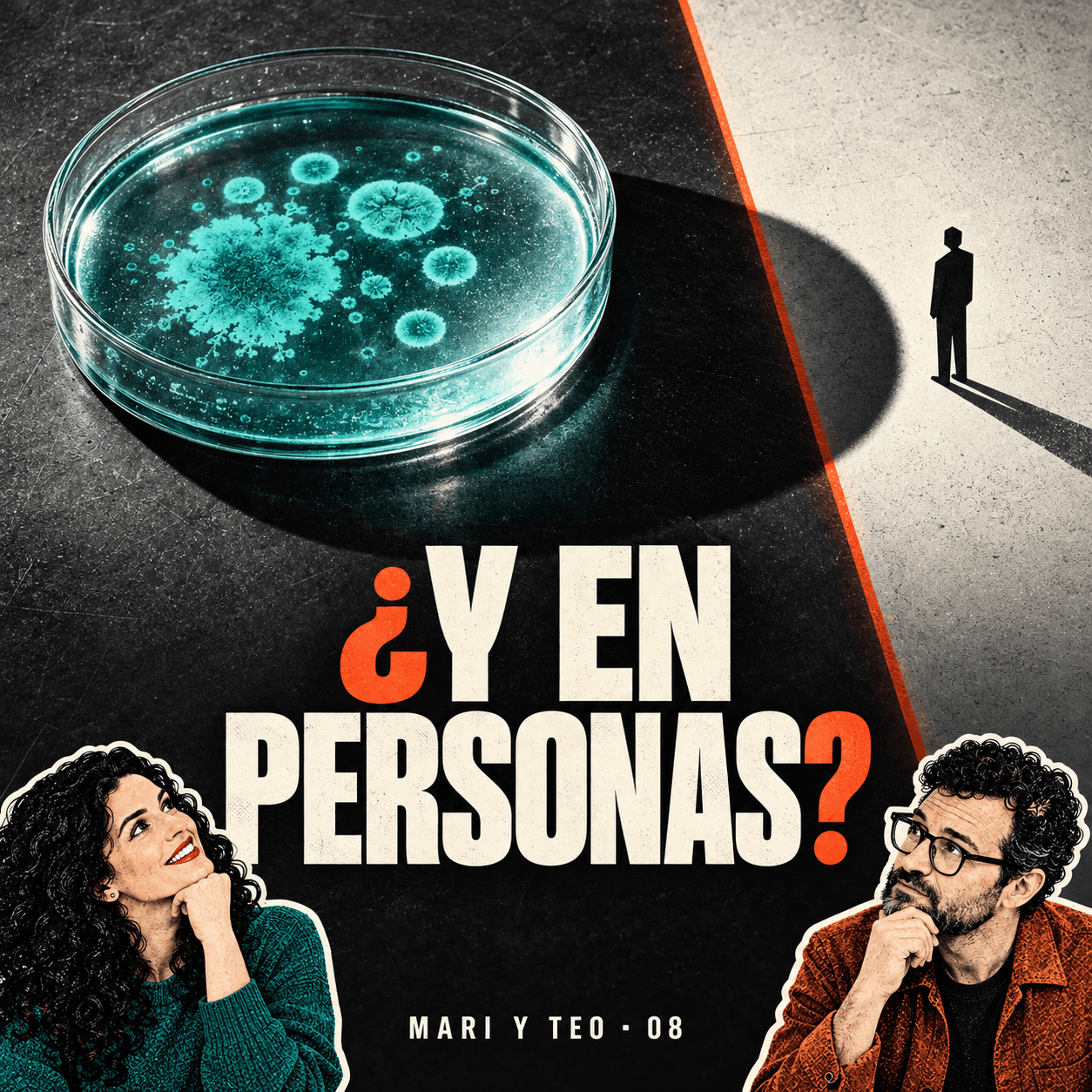 Portada de Mari y Teo 08: «¿Y en personas?», con una placa de Petri con colonias turquesas, una silueta y dos personas pensativas.