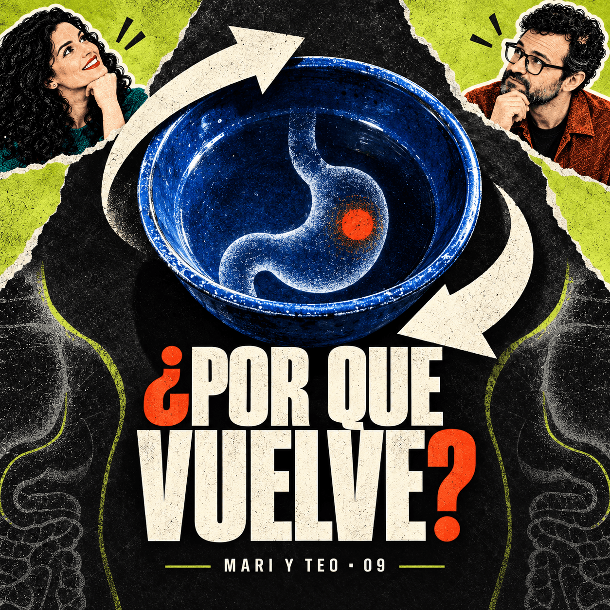 Portada de Mari y Teo 09: «¿Por qué vuelve?», con un cuenco azul, un estómago dibujado, flechas curvas y dos rostros pensativos.