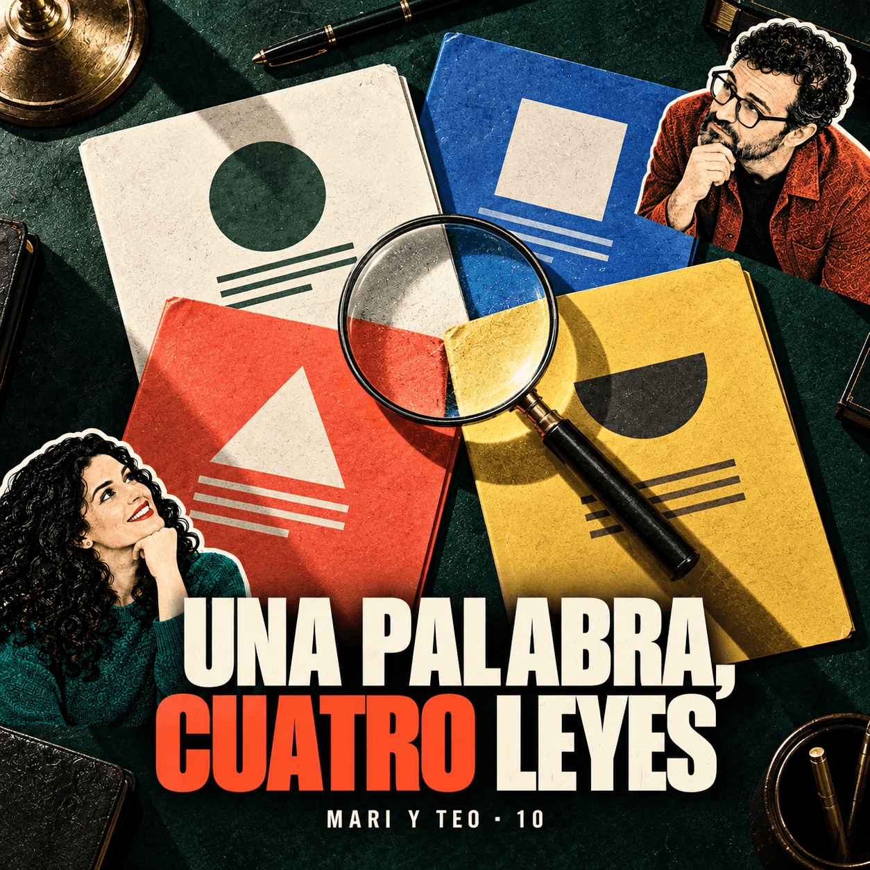 Portada de Mari y Teo 10 con cuatro libros de colores, una lupa y dos personas pensativas; texto «Una palabra, cuatro leyes».
