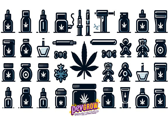 Iconos de frascos, goteros, vaporizadores, jeringas y dulces alrededor de una hoja de cannabis sobre fondo blanco. Iconos de frascos, goteros, vaporizadores, jeringas y dulces alrededor de una hoja de cannabis sobre fondo blanco.