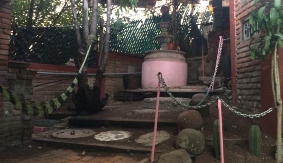 Patio con paredes de ladrillo, hamaca, árboles y cactus, con escalones que conducen a una estructura cilíndrica rosa. Patio con paredes de ladrillo, hamaca, árboles y cactus, con escalones que conducen a una estructura cilíndrica rosa.