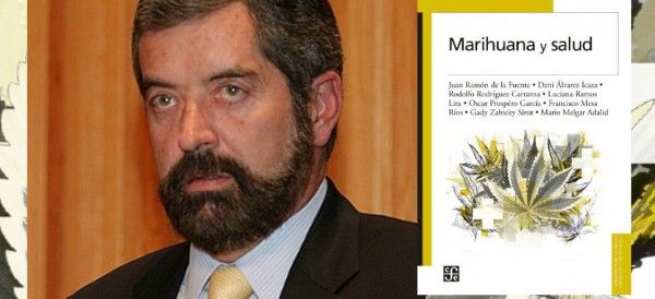 Montaje de un hombre con barba, traje y corbata junto a la portada del libro «Marihuana y salud», ilustrada con hojas de cannabis. Montaje de un hombre con barba, traje y corbata junto a la portada del libro «Marihuana y salud», ilustrada con hojas de cannabis.