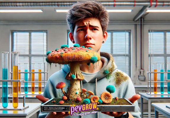 Escena ilustrada de un joven con gesto preocupado que sostiene una bandeja con hongos y manchas de colores en un laboratorio. Escena ilustrada de un joven con gesto preocupado que sostiene una bandeja con hongos y manchas de colores en un laboratorio.
