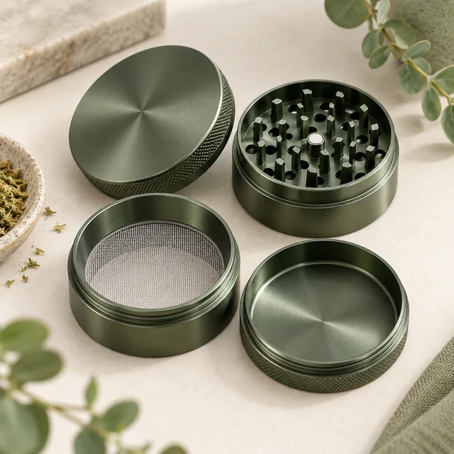 Ilustración de un grinder metálico desmontado en cuatro partes