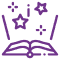 Icono morado de un libro abierto con estrellas y trazos decorativos sobre sus páginas.