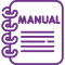 Icono morado de un cuaderno con anillas, la palabra «MANUAL» y líneas horizontales en la portada.