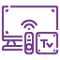 Icono morado de una pantalla con un mando a distancia, ondas de conexión y un recuadro con las letras TV.