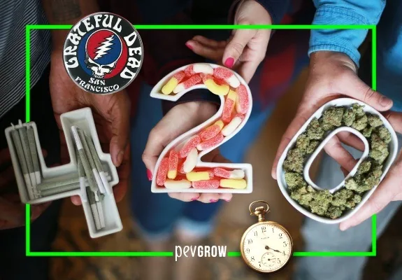 Manos sostienen recipientes con forma de 420 que contienen cigarrillos liados, golosinas y cogollos; debajo aparece un reloj de bolsillo.