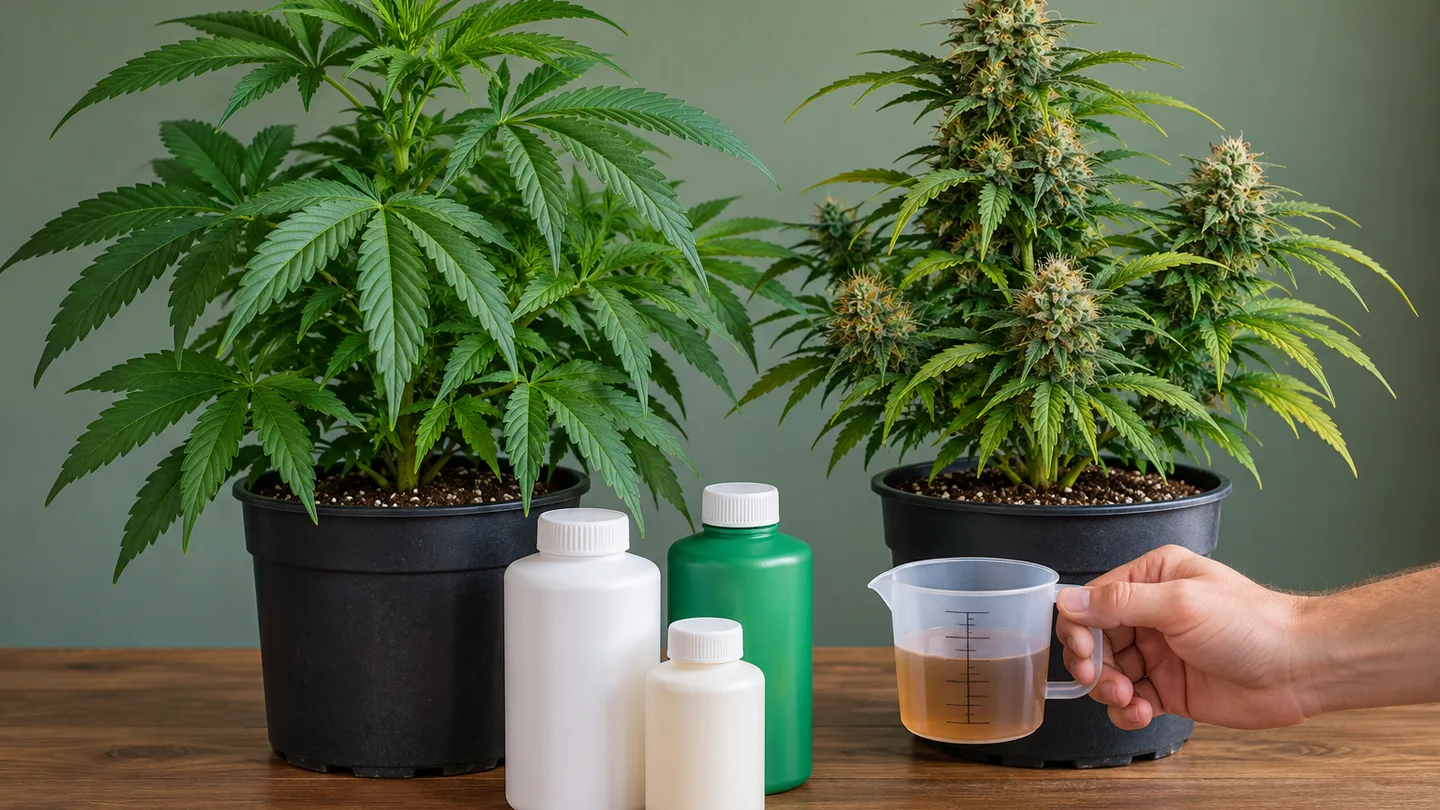 Dos plantas de cannabis en maceta, una en crecimiento y otra con cogollos, junto a botellas lisas de abono y una mano con un vaso medidor Dos plantas de cannabis en maceta, una en crecimiento y otra con cogollos, junto a botellas lisas de abono y una mano con un vaso medidor