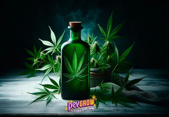 Botella verde con tapón de corcho y una hoja de cannabis en el frontal, rodeada de ramas sobre una mesa en penumbra.