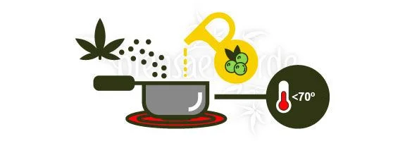 Ilustración de cannabis y aceite vertiéndose en un cazo sobre una placa, junto a un termómetro que indica menos de 70°.