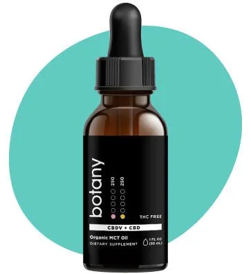 Frasco ámbar con cuentagotas negro y etiqueta «botany» y «CBDV + CBD», ante una forma ovalada turquesa sobre fondo blanco. Frasco ámbar con cuentagotas negro y etiqueta «botany» y «CBDV + CBD», ante una forma ovalada turquesa sobre fondo blanco.