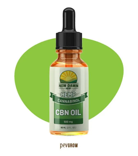 Frasco ámbar con cuentagotas negro y etiqueta verde New Dawn Hemp «CBN Oil», de 500 mg y 60 ml, ante una forma verde. Frasco ámbar con cuentagotas negro y etiqueta verde New Dawn Hemp «CBN Oil», de 500 mg y 60 ml, ante una forma verde.