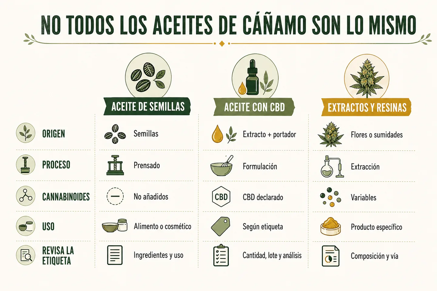 Infografía que compara aceite de semillas, aceite con CBD y extractos y resinas según origen, proceso, cannabinoides, uso y etiqueta.