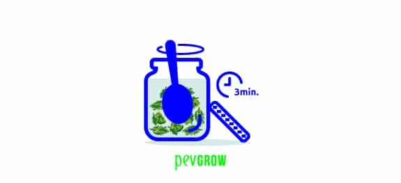 Ilustración de una cuchara en un tarro con materia vegetal, flecha de giro y reloj con la indicación «3 min.». Ilustración de una cuchara en un tarro con materia vegetal, flecha de giro y reloj con la indicación «3 min.».