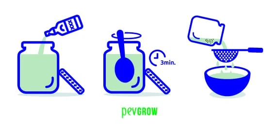 Secuencia ilustrada: verter líquido en un tarro, remover durante 3 minutos y colar el contenido sobre un cuenco. Secuencia ilustrada: verter líquido en un tarro, remover durante 3 minutos y colar el contenido sobre un cuenco.