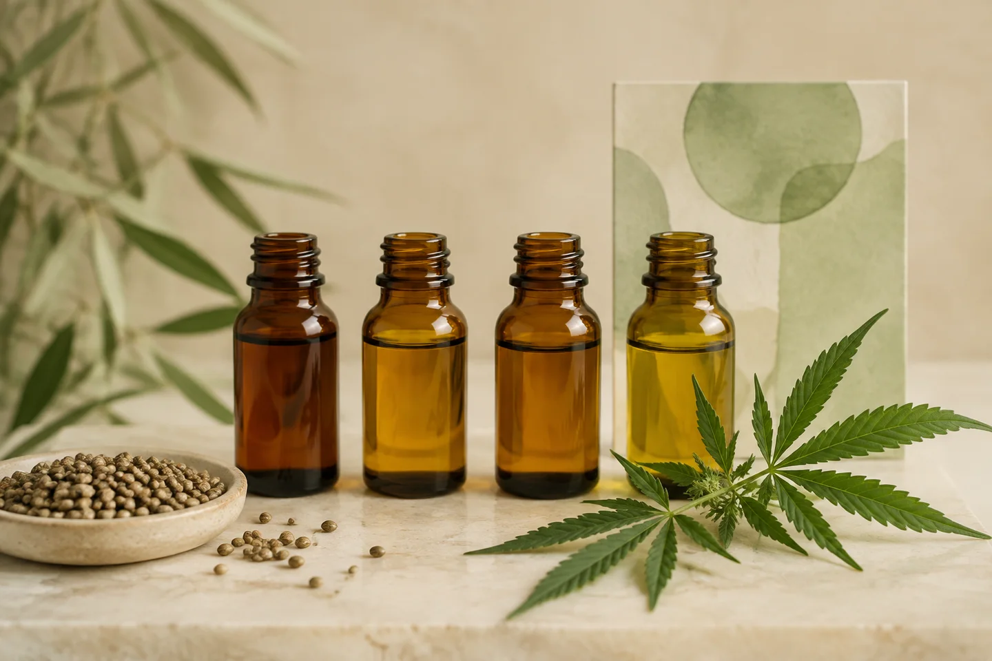 Cuatro frascos abiertos de vidrio ámbar con líquidos dorados, junto a un cuenco de semillas y una rama de cannabis. Cuatro frascos abiertos de vidrio ámbar con líquidos dorados, junto a un cuenco de semillas y una rama de cannabis.
