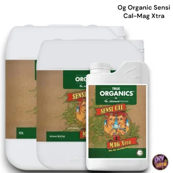 Tres formatos de envases blancos de Sensi Cal Mag Xtra, con etiquetas verdes y marrones, dispuestos sobre fondo blanco.