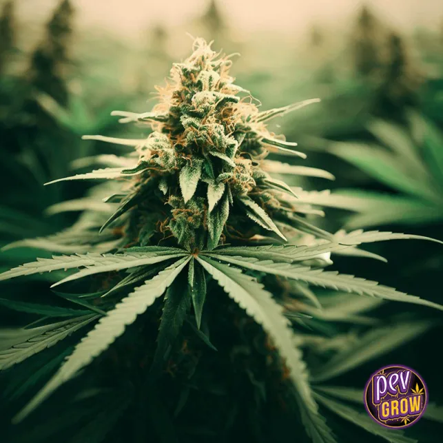 Cogollo central de Afghan Kush CBD Auto de Worldpharma Seeds, rodeado de hojas alargadas y plantas desenfocadas al fondo.